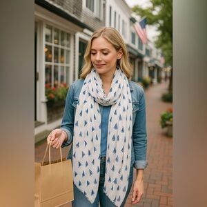 Printed Village Sailboat Scarf White Blue Lightweight Nautical Wrap Shawl Preppy